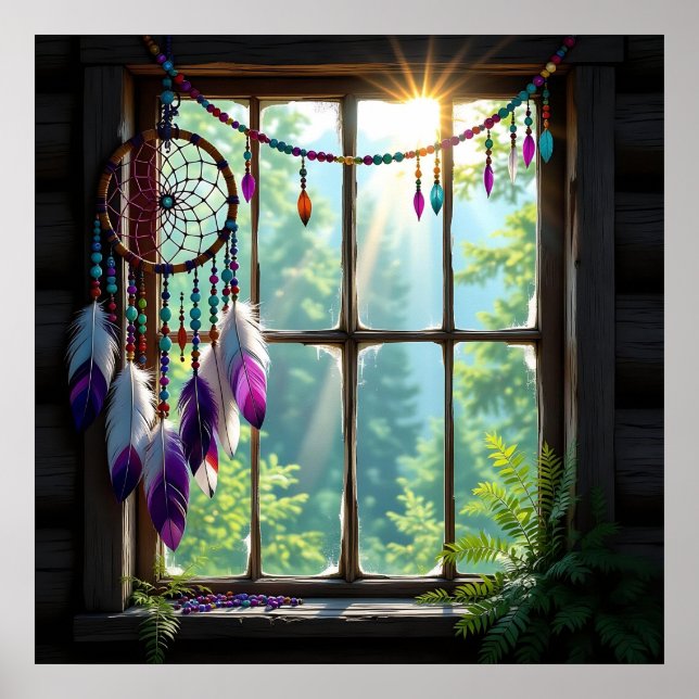 Pretty Boho Purple Dreamcatcher in Window   Poster (Front)