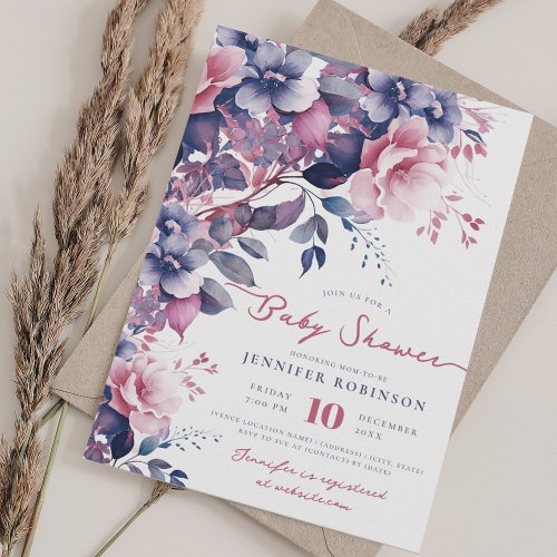 Pretty Boho Purple Garden Floral Baby Shower  Invitation