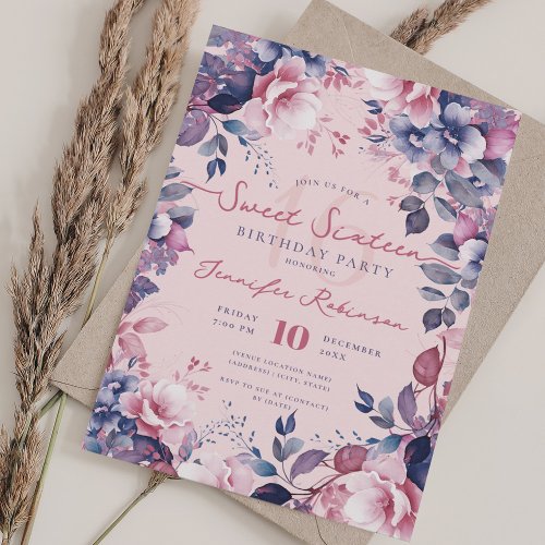 Pretty Boho Purple Garden Floral Sweet 16 Blush Invitation