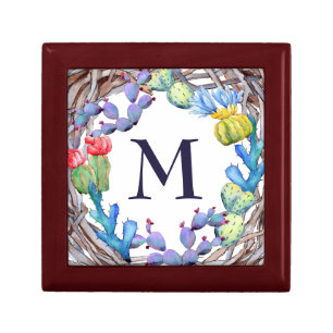 Pretty Boho Rustic Watercolor Cactus Monogram Gift Box