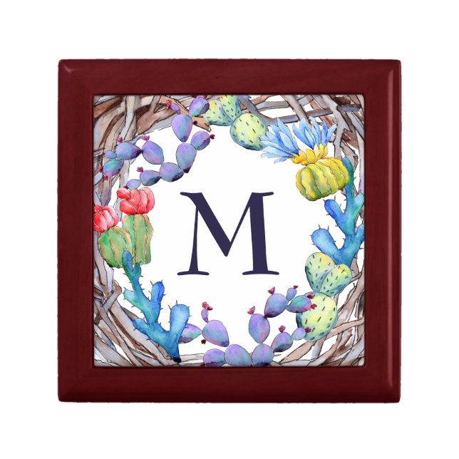 Pretty Boho Rustic Watercolor Cactus Monogram Gift Box (Front)