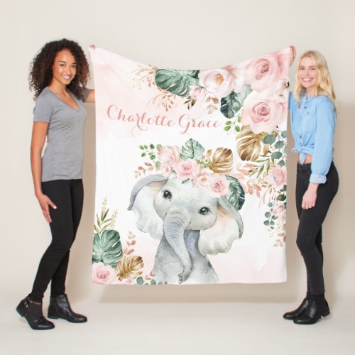 Pretty Boho Tropical Elephant Blush Pink Floral Fleece Blanket