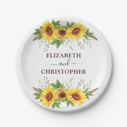 Pretty Boho Watercolor Sunflowers Wedding Party Paper Plates