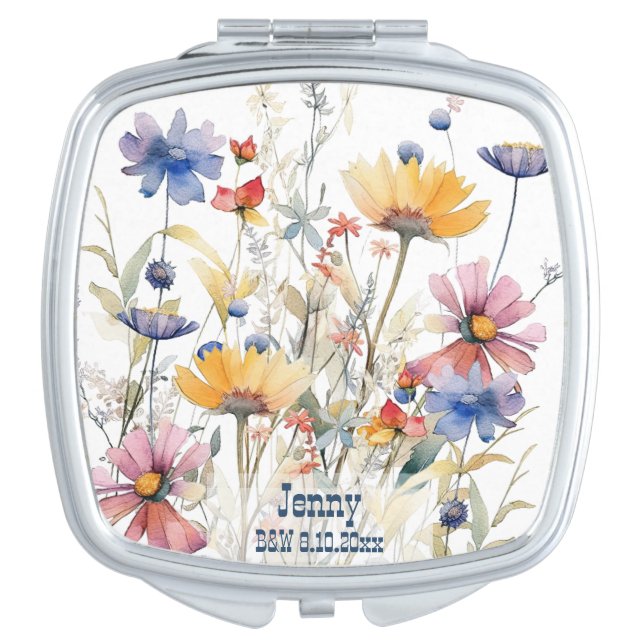 Pretty Boho Wildflowers Personalized Gift Compact Mirror (Front)