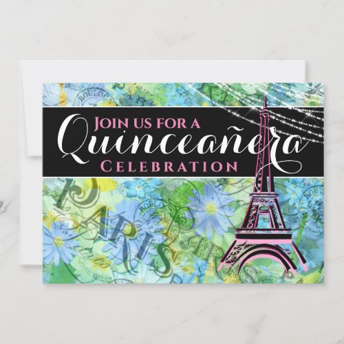 Pretty Bold Eiffel Tower Paris w Mass Quinceaera Invitation