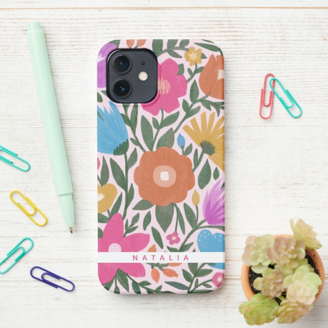 Pretty Bold Painted Spring Florals | Name iPhone Case (On Desk)