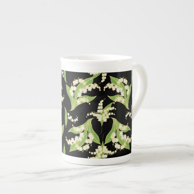 Pretty Bone China Mug: Lilies of the Valley, Black Mug (Front Right)