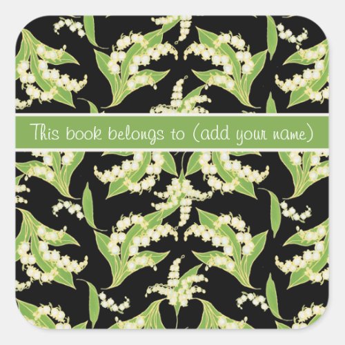 Pretty Bookplates Lilies of the Valley Black Square Sticker