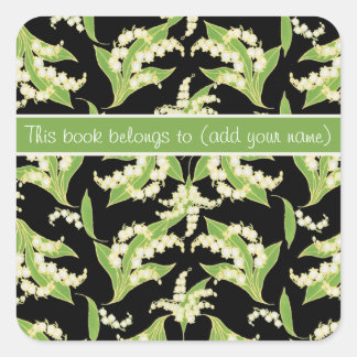 Pretty Bookplates: Lilies of the Valley, Black Square Sticker