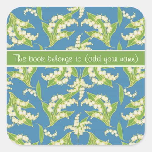 Pretty Bookplates Lilies of the Valley Blue Square Sticker