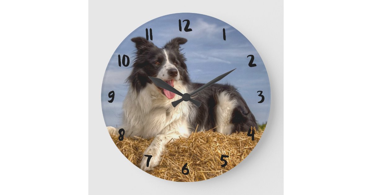 Pretty Border Collie on Straw Bale Clock | Zazzle