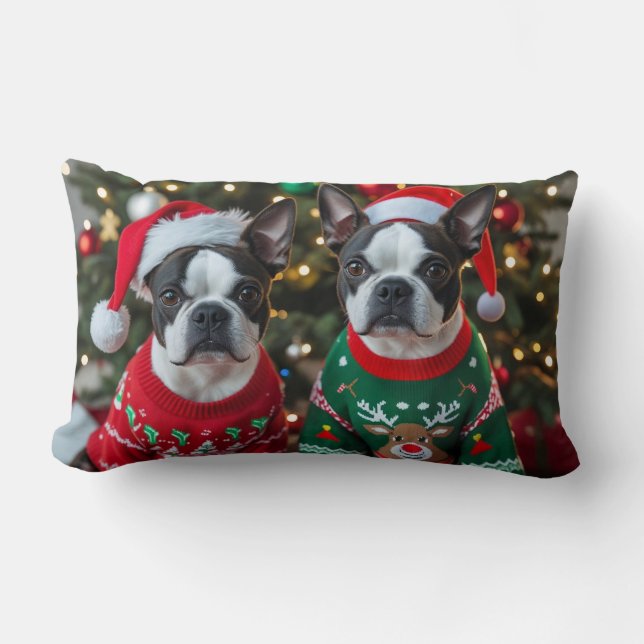 Pretty Boston Terrier Christmas Lumbar Pillow (Front)