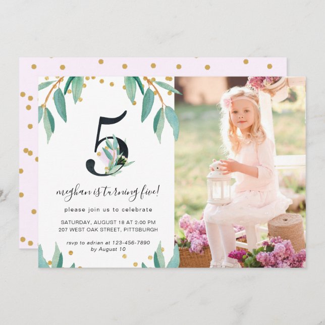 Pretty Botanical 5th Birthday Party Photo Invitation (Front/Back)