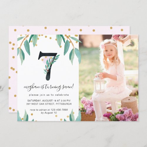 Pretty Botanical 7th Birthday Party Photo Invitation