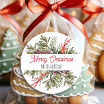 Pretty Botanical Christmas Foliage Classic Round Sticker<br><div class="desc">Pretty watercolor Christmas greenery botanical pine branches and foliage,  personalized holiday stickers. Just add your last name in the personalize area.</div>