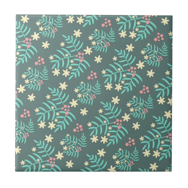 Pretty Botanical Leaves and Berries Blue Pattern Ceramic Tile (Front)