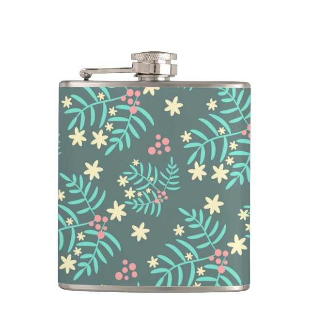 Pretty Botanical Leaves and Berries Blue Pattern Flask (Front)