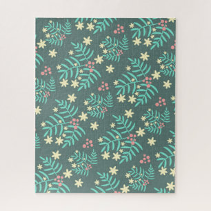 Pretty Botanical Leaves and Berries Blue Pattern Jigsaw Puzzle