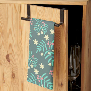 Pretty Botanical Leaves and Berries Blue Pattern Kitchen Towel