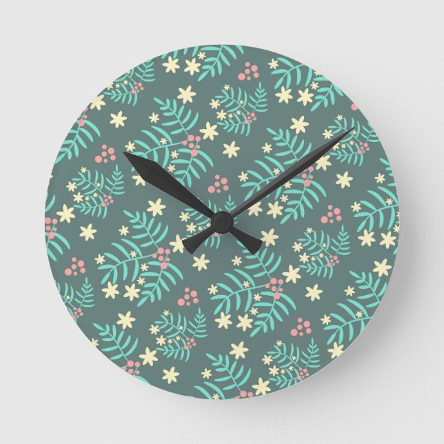 Pretty Botanical Leaves and Berries Blue Pattern Round Clock (Front)