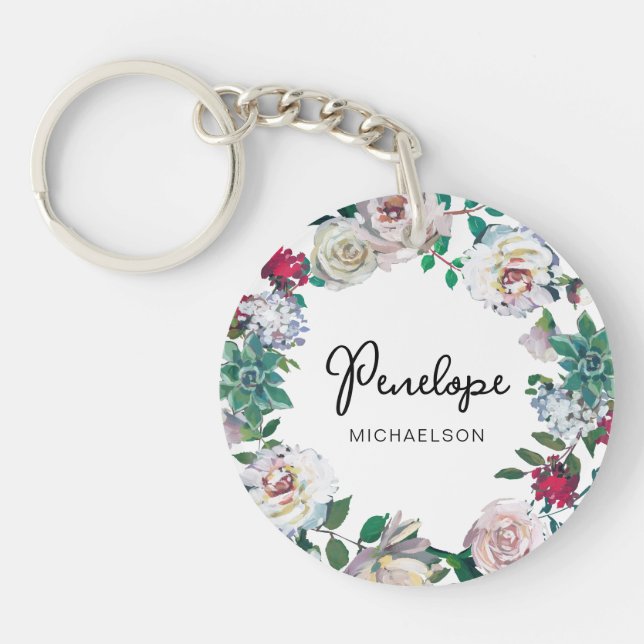 Pretty Botanical Succulent Floral Wreath with Name Keychain (Front)