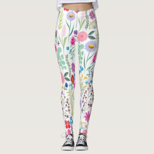 Pretty Botanical Watercolor Flowers Leggings