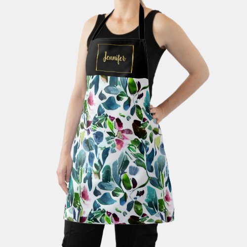 Pretty botanical watercolor flowers monogram name apron