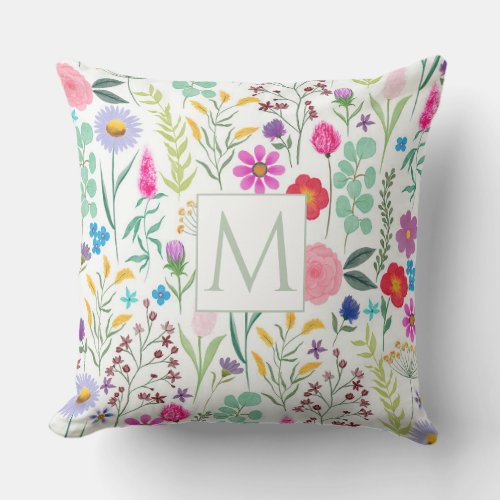 Pretty Botanical Watercolor Flowers Throw Pillow
