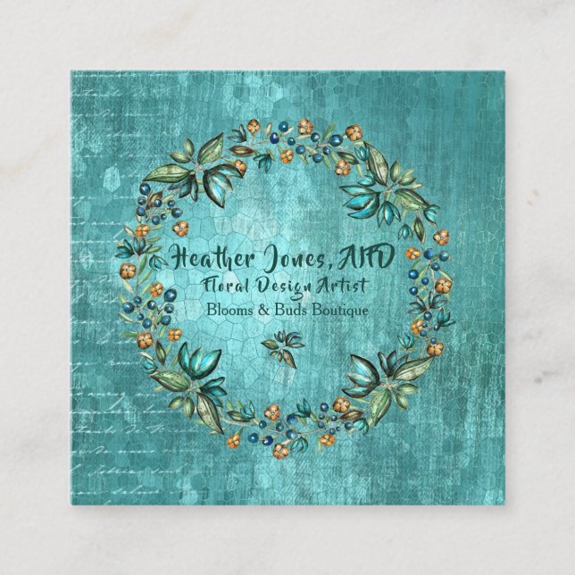 Pretty Botanical Wreath Square Business Card (Front)