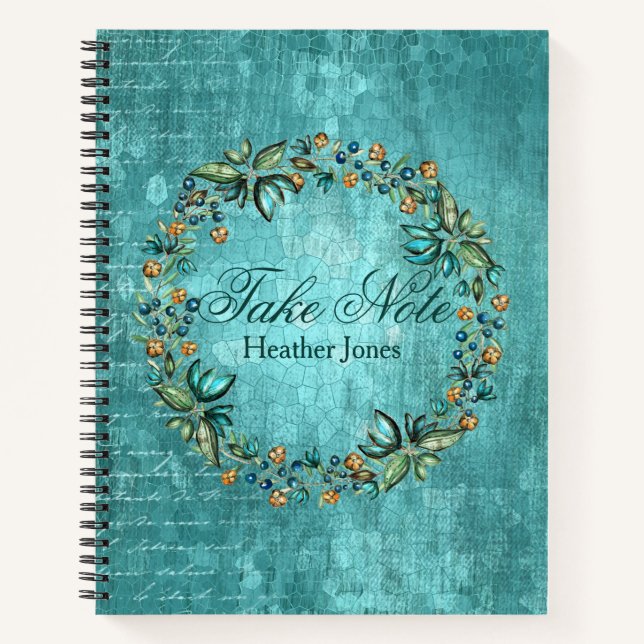 Pretty Botanical Wreath "Take Note" Journal/ Notebook (Front)