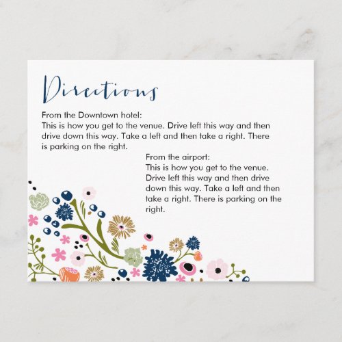 Pretty Bouquet Floral Directions Info Card Navy Custom Invites