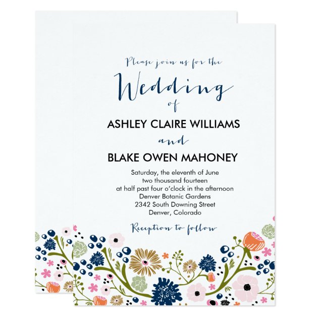 Pretty Bouquet Floral Wedding Invitation Navy