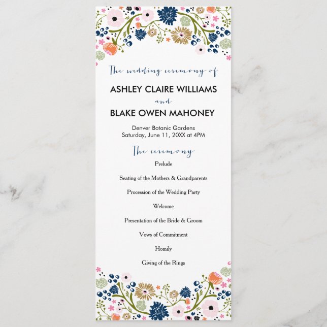 Pretty Bouquet Floral Wedding Program | Navy (Front)