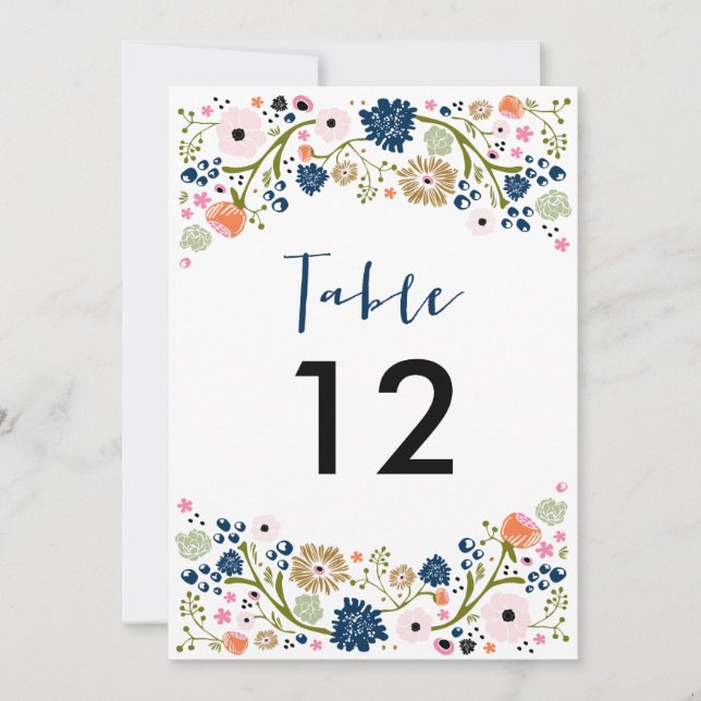 Pretty Bouquet Wedding Table Number Invite Navy (Front)