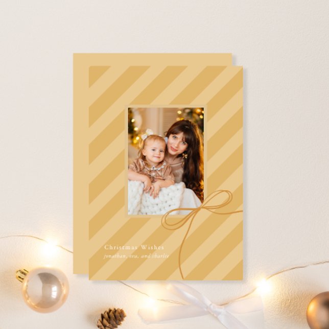 Pretty Bow Christmas Stripes Simple Golden Photo Holiday Card (Creator Uploaded)