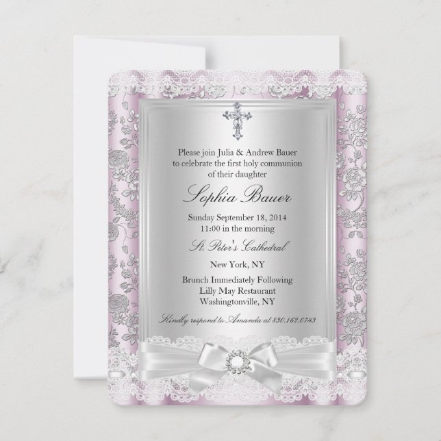 Pretty Bow Cross First Communion pink 3 Invitation (Front)