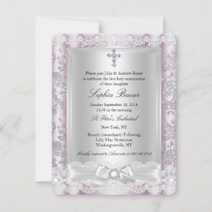 Pretty Bow Cross First Communion pink 3 Invitation