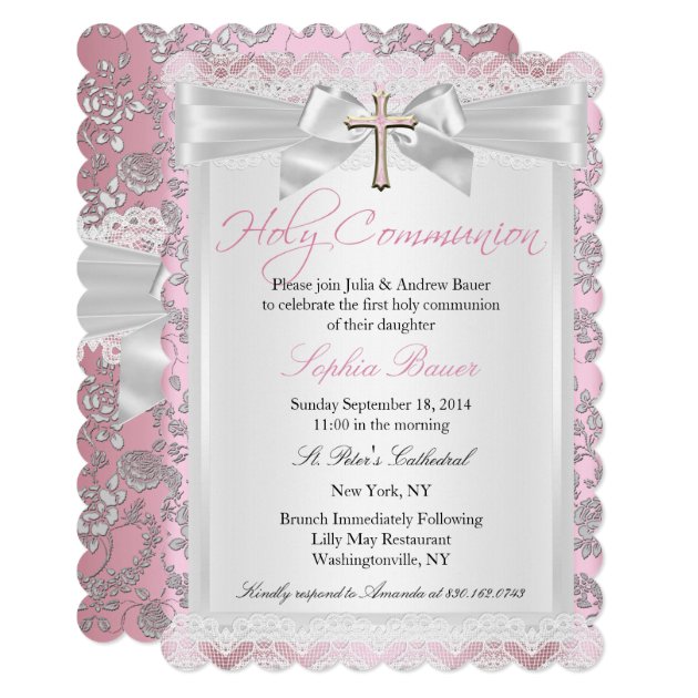 Pretty Bow Cross First Communion Pink Invitation