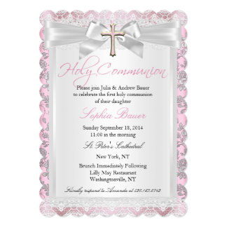 Pretty Bow Cross First Communion Pink Card