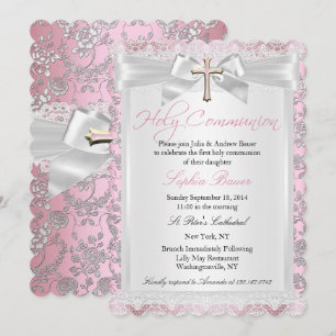 Pretty Bow Cross First Communion Pink Invitation