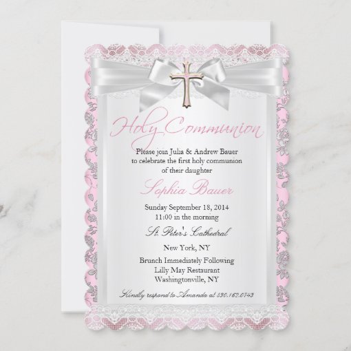 Pretty Bow Cross First Communion Pink Invitation | Zazzle