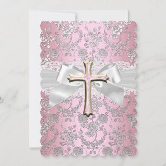 Pretty Bow Cross First Communion Pink Invitation | Zazzle
