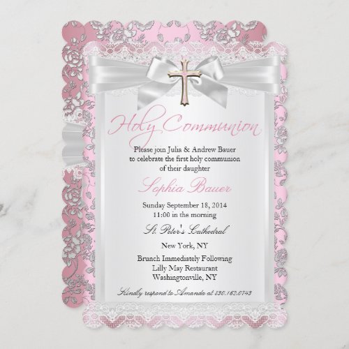 Pretty Bow Cross First Communion Pink Invitation