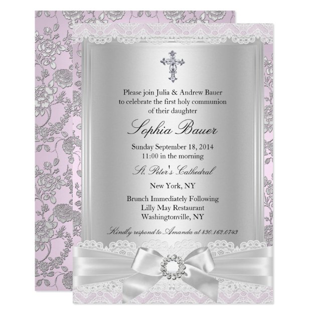 Pretty Bow Cross First Communion Purple Invitation