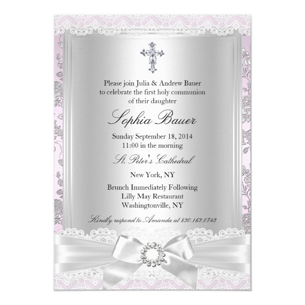 Pretty Bow Cross First Communion Purple Invitation