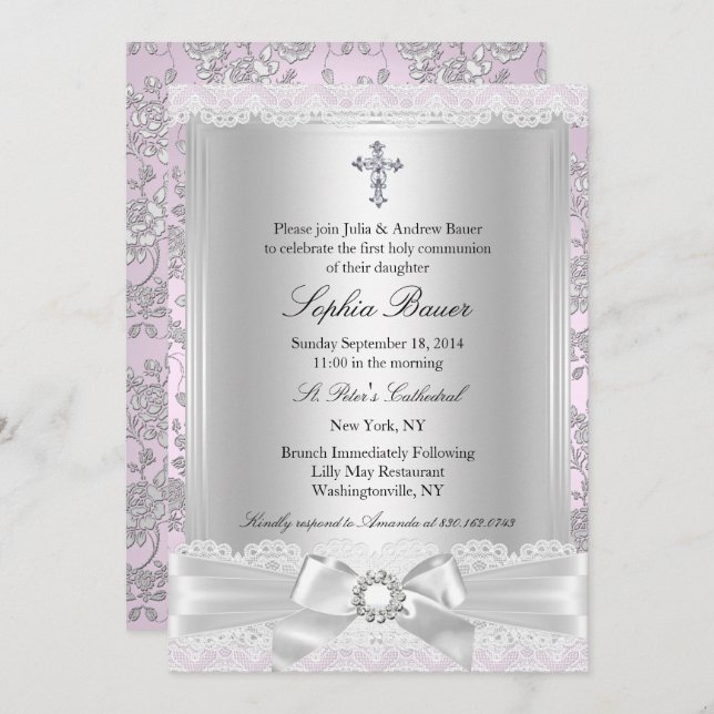 Pretty Bow Cross First Communion Purple Invitation (Front/Back)