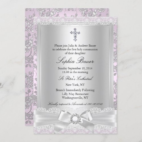 Pretty Bow Cross First Communion Purple Invitation