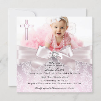 Pretty Bow & Cross Photo Baptism/Christening Pink Invitation