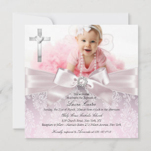 Pretty Bow & Cross Photo Pink Baptism/Christening Invitation