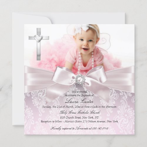Pretty Bow  Cross Photo Pink BaptismChristening Invitation